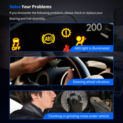 Dashboard warning lights, steering wheel vibration, and clunking noise indicating Rear Wheel Bearing And Hub Assembly With ABS issues.
