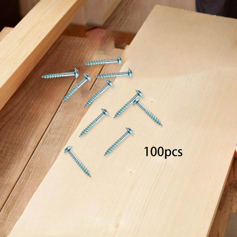 100 Pack Self Tapping Wood Screws 28mm By 4mm Galvanized Iron For DIY Furniture Assembly scattered on wood surface