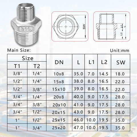 Dnkoua 2-pack 316 stainless steel reducing hex nipples, 3/4 NPT to 1/2 NPT male, corrosion-resistant plumbing fittings