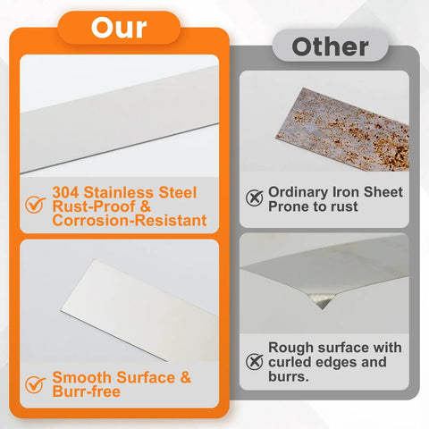 Comparison of 304 stainless steel shim stock vs ordinary iron sheet, highlighting corrosion resistance and smooth surfaces.