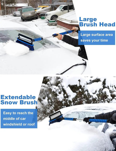 All In One Extendable Snow Brush With 180 Degree Pivoting Head Car Ice Scraper Snow Broom And Squeegee For Easy Snow Removal On Cars SUVs And Trucks For All Winter Conditions, showing large brush head and extendable design.