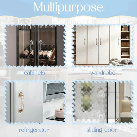 Clear acrylic adhesive handles on cabinets, wardrobe, refrigerator, sliding door showcasing versatility for quick cabinet makeover