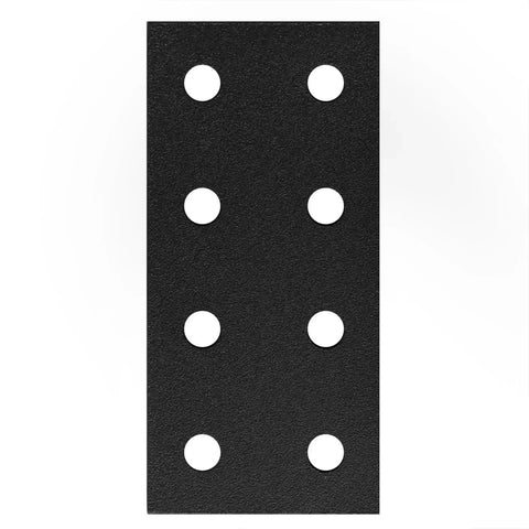 Front view of Ten Pack Flat Joining Plates for 2020 and 2040 T Slot Aluminum Profiles, Eight Hole 20 Series Straight Plates Black, Four Millimeter Thick.
