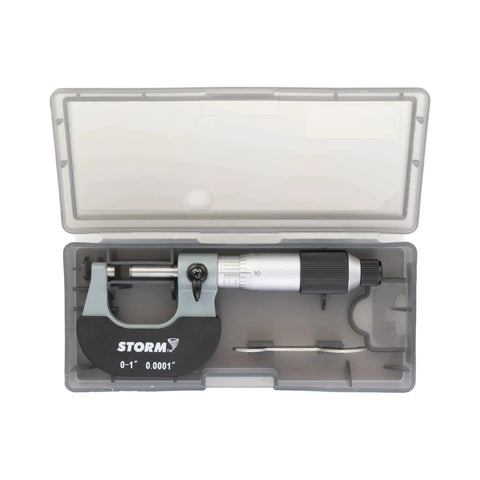 Conventional Micrometer 0-1 Inch With 0.0001 Vernier, Ratchet Thimble in protective case, carbide faces visible