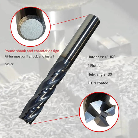 Extra Long Half Inch Solid Carbide End Mill Square End 4 Flute 2 Inch Length Of Cut 4 Inch Overall Length AlTiN Coated 30 Degree Helix Half Inch Shank Heavy Duty Milling Tool For Metals And Hard Materials with close-up details