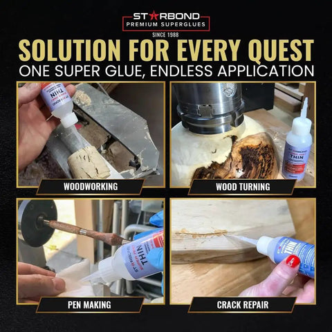 Various uses of Premium Instant CA Glue for woodturning, woodworking, pen making, and crack repair, 4 oz Starbond bottle.