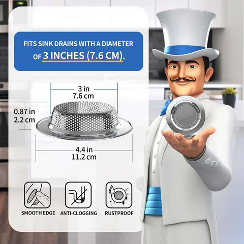 Stainless Steel Kitchen Sink Strainer No Fuss Dishwasher Safe Drain Filter fits 3 inch diameter sink, 4.4 inch outer diameter shown.