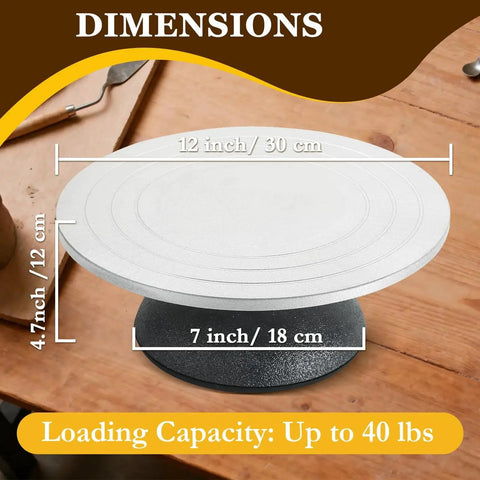 12 Inch Cast Iron Pottery Sculpting Wheel With Ball Bearings Turntable showing dimensions and loading capacity up to 40 lbs.