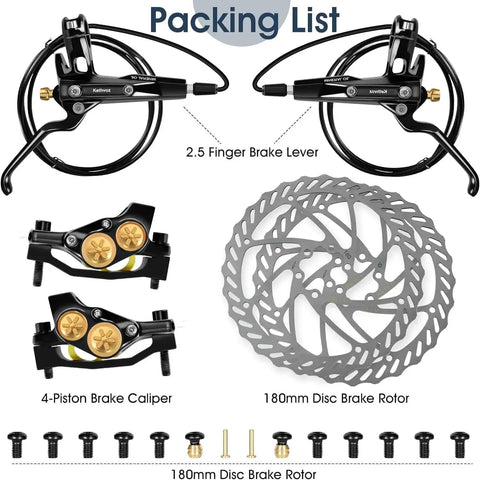Kethvoz MTB hydraulic brake set with 180mm rotors, dual 4-piston calipers, front and rear levers and mounting hardware