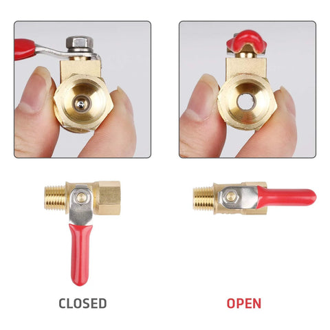 Front view of 1/4 in brass air compressor filter regulator combo with red lever
Top view of brass air regulator with red knob and inlet/outlet fittings
Side view of 1/4 in brass filter regulator with red lever and mounting bracket
Open position side view of 1/4 in brass ball valve with red handle