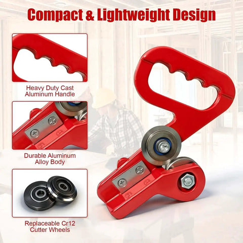 Heavy Duty Manual Sheet Metal Cutter With Replaceable Cr12 Wheels, Portable design with red aluminum handle and cutting wheels