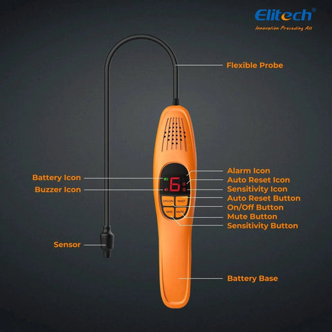 Automotive Refrigerant Leak Detector Pro With Heated Diode Sensor for Freon leaks, showing front view with labeled buttons and probe.