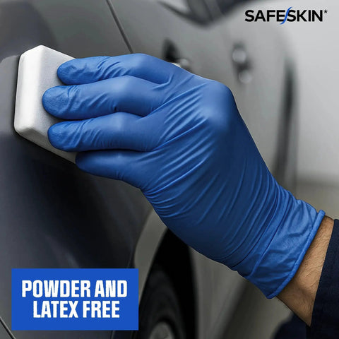 Ultralight Nitrile Gloves 2.0 Mil Blue Large 100 Count Powder Free Latex Free in use for car cleaning