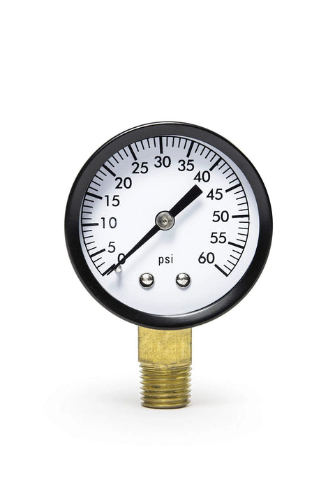 Pool filter pressure gauge, 2-inch dial, white face, 0–60 psi, bottom-mount 1/4 in brass thread