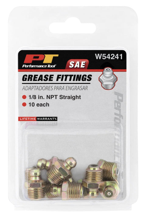 Performance Tool grease fittings, 1/8 in NPT straight, brass, pack of 10.