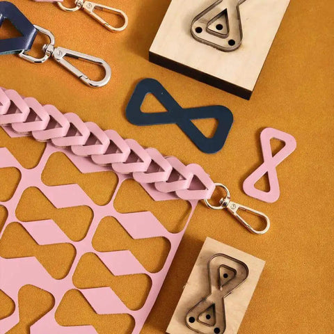 Dope Bow Shape Leather Cutting Die Set Two Pack for DIY leather projects with backpack strap punch molds on display