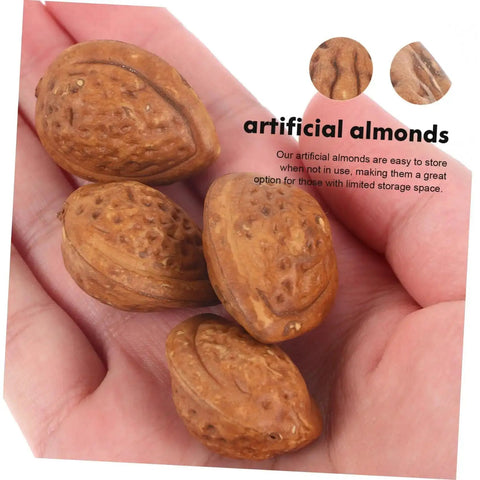 Hand holding 40 Realistic Faux Almonds For Crafts And Food Photography, Lifelike Artificial Nuts For Home Decor, close-up view