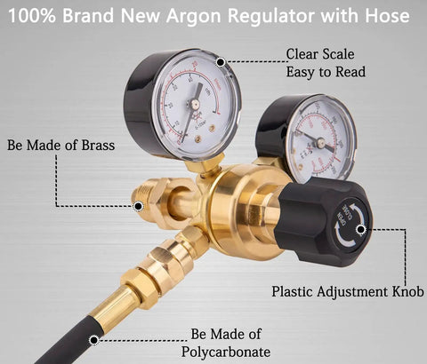Universal Argon CO2 Gas Regulator for MIG TIG Welding with 0 to 4500 PSI Gauge CGA 580 Inlet, brass body and polycarbonate knob.