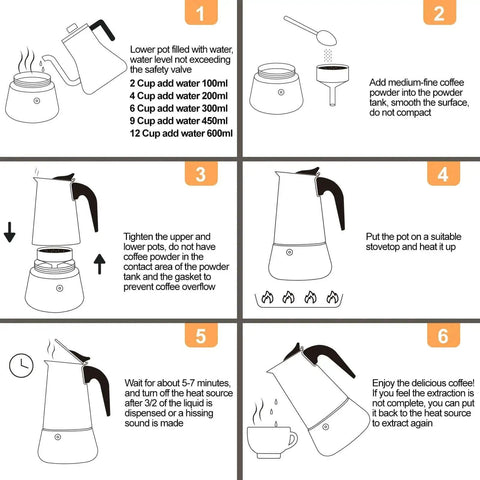 Instructions for Two Cup 100ml Stainless Steel Moka Pot Espresso Coffee Maker For Stovetop Brewing With Italian Classic Greca Style
