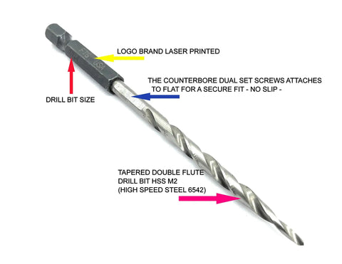 Pro Woodworking Countersink Drill Bit Set For Wood With Tapered Bits And Depth Stop Collar Includes Hex Wrench And Storage Case Five Piece Set Sizes 4 6 8 10 12 FTG USA, showing a tapered double flute drill bit with labeled features.