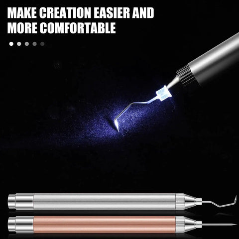 Two Pack LED Weeding Tools For Vinyl With Light Pin And Hook Lighted Weeding Pen For Removing Tiny Iron On Vinyl Or Paper Silhouette Details Pro Grade Precision Weeding On All Cutting Machines Rose Gold And Silver shown with LED light.