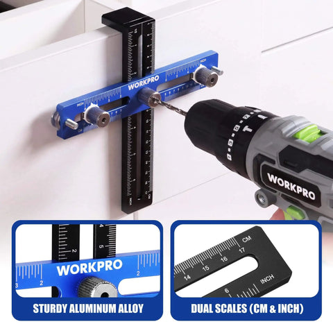 Aluminum Cabinet Hardware Jig With 4mm Drill Guide Adjustable Cabinet Handle Template for Knobs Pulls and Drawer Handles On Cabinets DIY Friendly Precision 1mm Positioning With Dual Metric And Imperial Scales being used on cabinet door