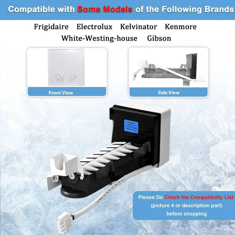 Ice maker replacement assembly for Frigidaire/Electrolux/Kenmore refrigerators; black housing with blue label.