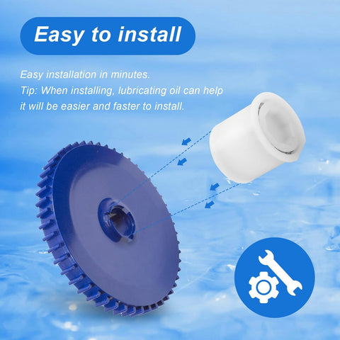 Pool cleaner wheel bearing, front view: blue gear wheel with central hub and white bearing insert ready to install