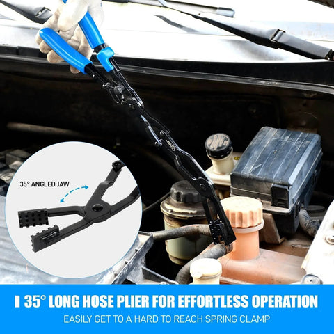 35 Degree Angled Long Hose Clamp Pliers With Locking Mechanism Extra Long Reach shown in use in tight engine space