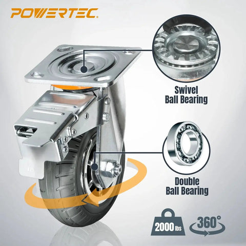 8-Inch Heavy Duty Caster Wheels Set Of 4 With Dual Locking Brakes Non-Pneumatic Polypropylene Tire, close-up showing swivel and ball bearings.