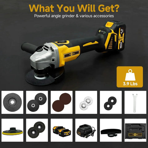 Cordless Brushless Angle Grinder Three Eighths Inch With 4 Variable Speeds For Cutting Grinding Polishing And Rust Removal Runs On Makita 18V Batteries Longer Motor Life Faster Heat Dissipation Perfect For Pros And DIYers with accessories shown including wheels, charger, and carrying case.