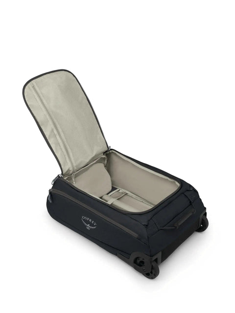 Open interior of Daylite 40L Wheeled Carry On Collapsible Duffel Bag With Backpack Carry In Black, showing spacious main compartment.