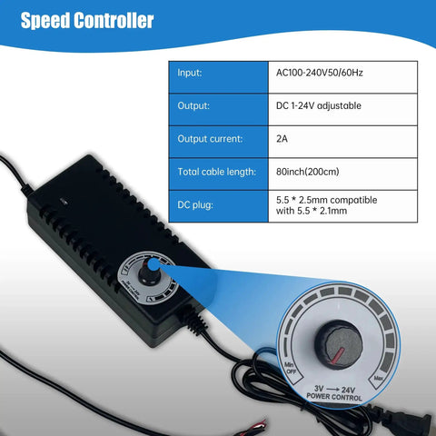 Speed controller for DC 24V DIY Reciprocating Linear Actuator with adjustable input and output details shown.