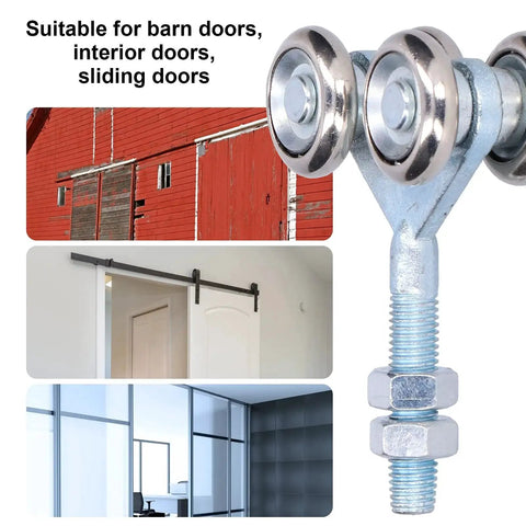 2 Pcs Door Roller Set With Double Wheel Pulley for glass barn doors and sliding track doors, installed on rails.