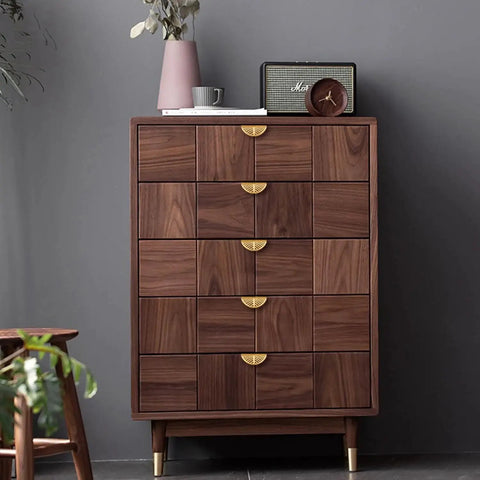 Wooden dresser with Solid Brass Edge Pulls For Cabinets And Dressers In Brushed Gold Finish Four Pack Knob And Pull Set installed.