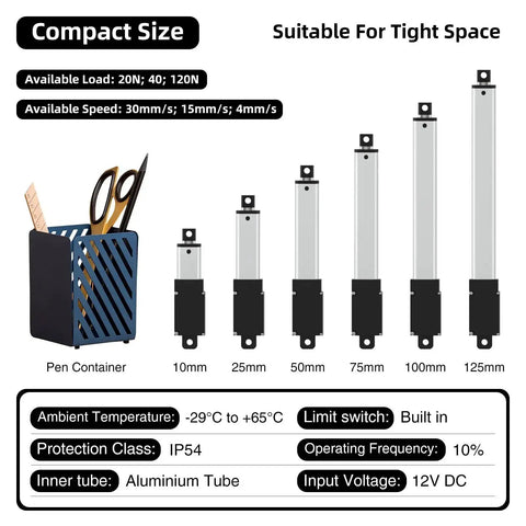 Size comparison of 75mm 40N Mini 12V Linear Actuator with brackets for cabinets, robotics, and home automation in various lengths.