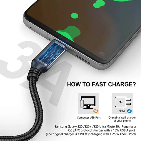 Braided USB Type C To A Cable 5 Pack 6ft Fast Charging 3A Power Cord connected to smartphone, nylon braided design.