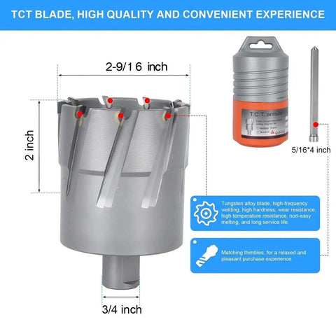 High Performance TCT Carbide Annular Cutter for Magnetic Drill Press With 2-9/16 Inch Cutting Diameter And 2 Inch Depth Of Cut, 3/4 Inch Weldon Shank Built To Cut Carbon Steel Stainless Steel Aluminum And More shown with dimensions and packaging.