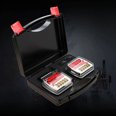 Two-piece Ciascy rechargeable magnetic LED trailer rear lights kit in an open black foam-lined case
