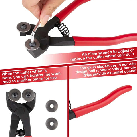 Glass Tile Nippers 7 Inch Heavy Duty Wheeled Glass Mosaic Nipper with Soft Rubber Handle, Allen Wrench, Replacement Blades