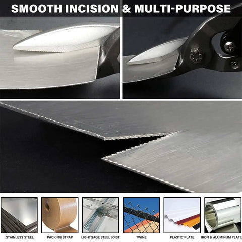 Close-up of Three Pack Aviation Tin Snips cutting metal sheets with CRV steel blades, demonstrating smooth incision and multi-purpose use.