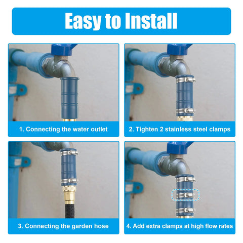 Universal faucet hose adapter with blue silicone sleeve, 1-pack; connected to faucet with stainless steel clamps and garden hose.