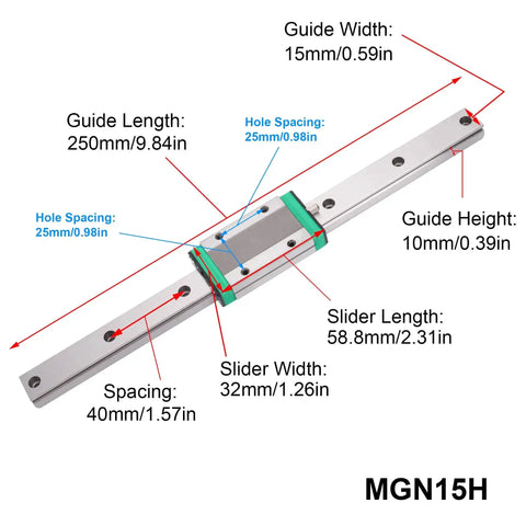 MGN Type Guide Rail Kit For Pro Grade Linear Motion With High Precision And Smooth Friction 100-600mm Adjustable Length For CNC And 3D Printers With One Rail And One Slider MGN15H 100mm showing dimensions and features.