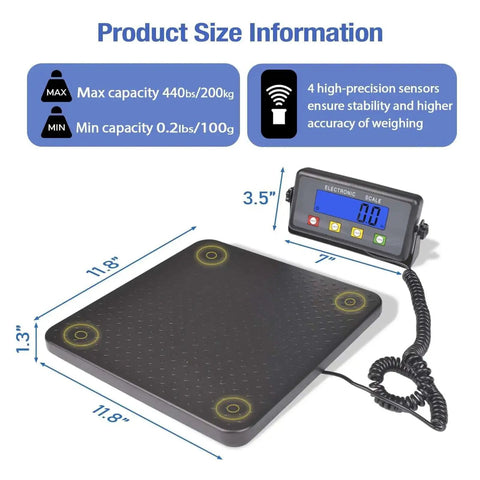 Heavy Duty Digital Postal Scale With 11.8 By 11.8 Inch Aluminum Anti Slip Platform, 440 Lb Capacity, LCD display shown