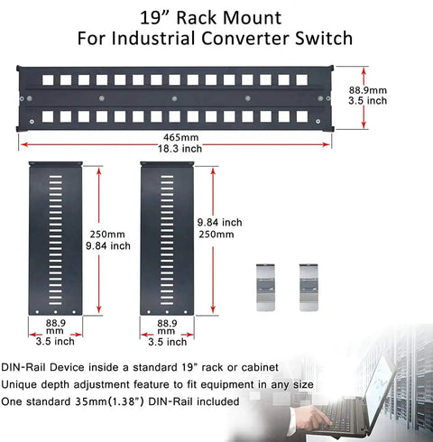 Universal 2U 19 Inch Rack Mount Kit For DIN Rail Devices With Adjustable Depth Includes 1.38 Inch DIN Rail Track Simplified Mounting