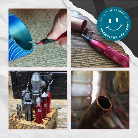 Deburring Tool Kit With 16 High Speed Steel M2 Blades for Metal, Resin, and PVC Pipes, shown in use and display.
