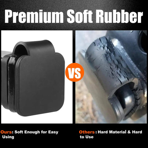 Close-up comparison of 2 Inch Trailer Hitch Receiver Cover Plug Cap made of soft rubber versus a hard cover, showing flexibility.