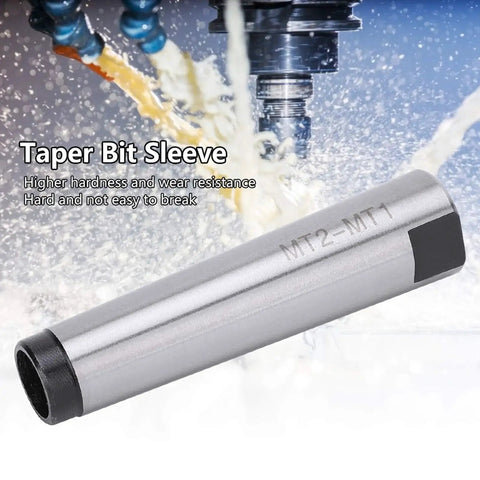 Angled side view of MT2 to MT1 Morse taper adapter, silver metal lathe drill chuck arbor