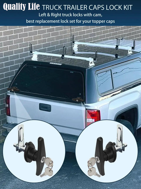 Truck Cap Camper Shell T Handle Lock Latch Replacement Kit With Keys Left And Right Pair for Truck Bed Topper Doors Durable Black Finish Easy Install That Installs Fast, displayed on a truck bed topper.