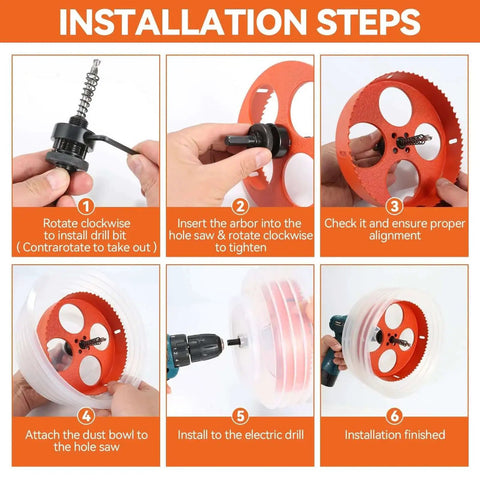 Installation steps for 6.25 Inch And 4.25 Inch Hole Saw Kit With Dust Bowl Catcher For 6 Inch And 4 Inch LED Recessed Lighting Can Lights